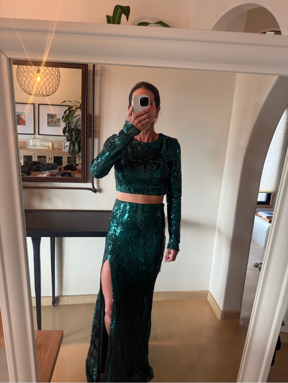 Lulu's Emerald Green Sequin Maxi Skirt with High Slit